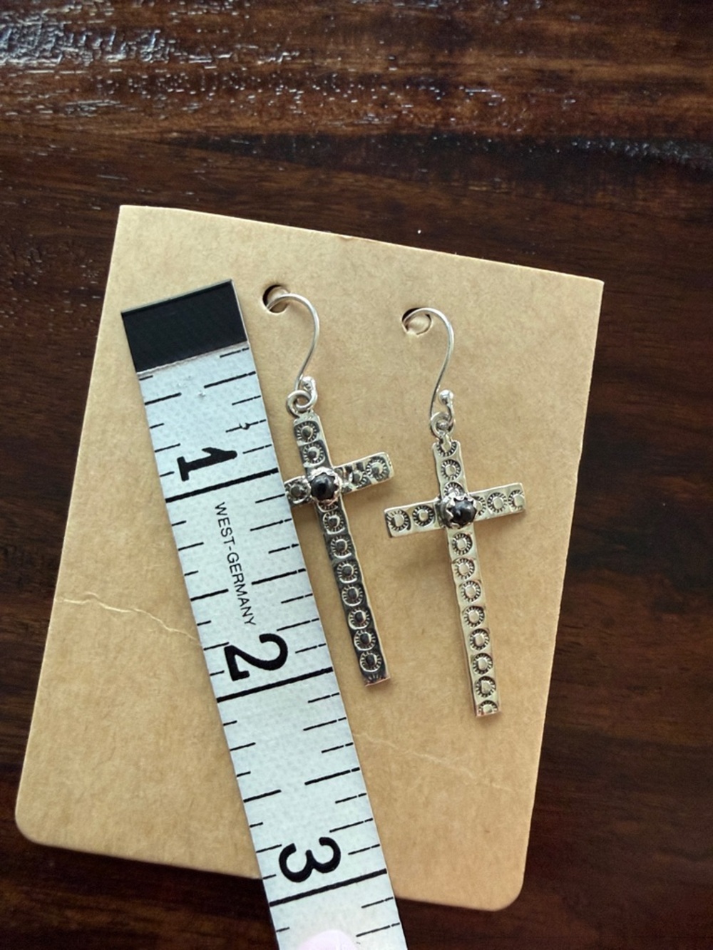 Sterling Silver Cross Drop Earrings with Black Stone Accent - Picture 2 of 2